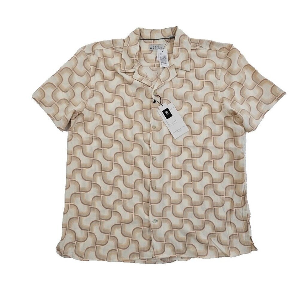 Ike Behar Crepe Shirt Men's XL Ecru‎ and Blue Mod Short Sleeve Button Up NWT
